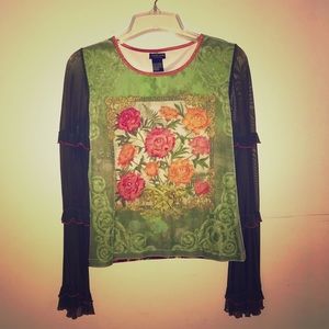Green top with sparkly pink/orange roses